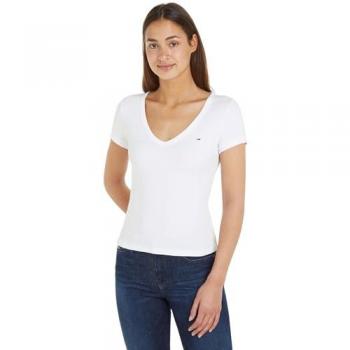 Camiseta Tommy Jeans Slim Fit con Cuello en V para Mujer, Blanco, S, Algodón Orgánico