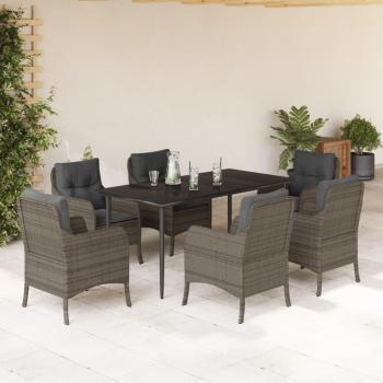 7 Piece Gray Poly Rattan Garden Dining Set with Cushions