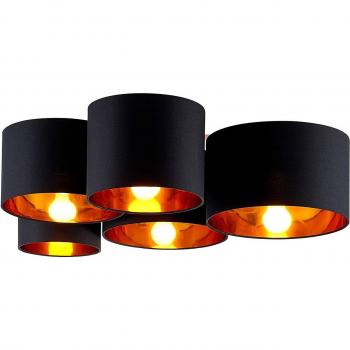 Plafón de techo Lindby Laurenz 5 luces 83cm negro-oro, moderno, hecho de textura, tela y tejido, adecuado para salón y comedor, con portalámparas E27