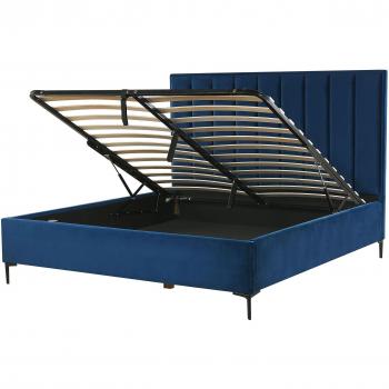 Cama Super King Size 180 x 200 cm en Terciopelo Azul Marino con Almacenamiento Ottoman y Cabecero Acolchado, Patas de Metal Negro