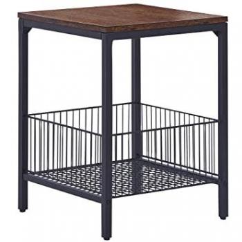 Mesa Auxiliar Industrial de Madera Oscura y Tablero Negro con Cesta de Alambre, 40 x 40 cm