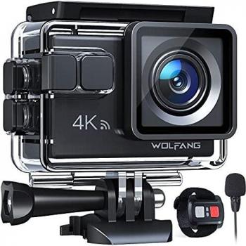 WOLFANG Cámara Deportiva GA100 4K 30FPS, videocámara WiFi de 20MP, cámara subacuática 40M con micrófono Dual, Mando a Distancia, EIS antivibración, batería 2x1050mAh, Varios Accesorios