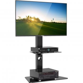 BONTEC Soporte TV Suelo con 2 Estantes de Vidrio Templado para Pantallas LCD de 30 a 65 Altura Ajustable, VESA 600 x 400 mm hasta 40 kg