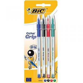 BIC Cristal Grip - Set de 4 Bolígrafos con Punta Redonda de 1.0mm, Colores Surtidos: Azul, Negro, Rojo y Verde