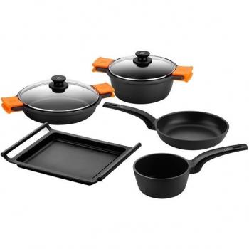 Bra Efficient Batería de cocina, 5 piezas antiadherente, apta para todo tipo de cocinas incluso inducción, negro y naranja