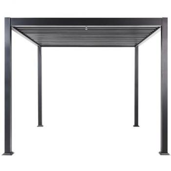 Cenador moderno de jardín 310 x 310 cm con estructura de metal negro y techo sombrante Fornoli