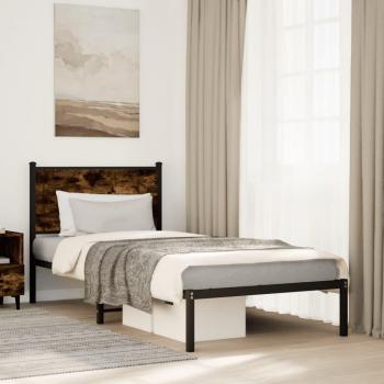 Estructura de cama con cabecero metal roble ahumado 90x190 cm, armazón de cama individual, color marrón