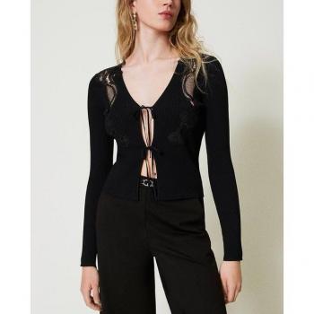 TWINSET Women's Black Lace V-Neck Slim Fit Cardigan Size M