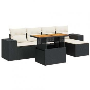 6-Piece Black Poly Rattan Garden Sofa Set with Cushions