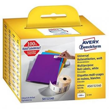Etiquetas enrollables Avery Zweckform, 57 x 32 mm, blancas, 1000 etiquetas por rollo, removibles