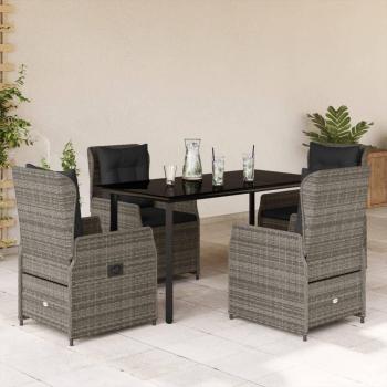 5-Piece Grey Poly Rattan Garden Dining Set with Cushions