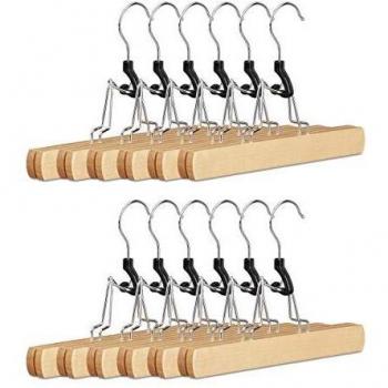 Set de 12 Perchas de Madera para Pantalones con Pinzas y Ganchos Giratorios, Natural, Medidas: 17 x 25 x 2.3 cm