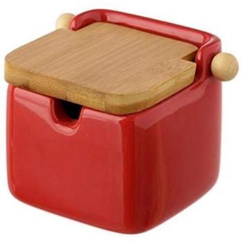 D'CASA Azucarero Stoneware con Tapa de bambú, Rojo, 8x10,5x8 cm