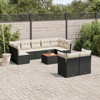 10-Piece Black Poly Rattan Garden Sofa Set with Cushions