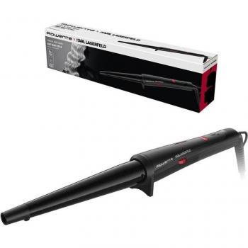 Rowenta Karl Lagerfeld CF324LF0 Curling Iron, 25mm barrel diameter, ceramic technology for even heat distribution, fast heating time, adjustable temperature settings up to 200°C, automatic shut-off feature, sleek design with a fashionable aesthetic
