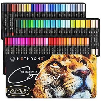 Hethrone Rotuladores Punta Pincel 100 Color Rotuladores Doble Punta Acuarelables Profesionales, Dual Tip Brush Pen para Adultos Caligrafía, Lettering, Bocetos, Dibujo