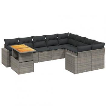 10-Piece Grey Poly Rattan Garden Sofa Set with Cushions