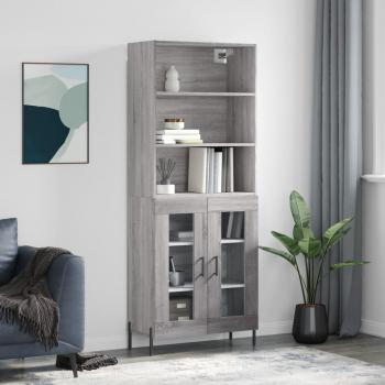 Aparador alto de madera contrachapada gris sonoma 69,5x34x180 cm con 2 puertas de cristal, mueble de almacenaje para salón, buffet y armario auxiliar