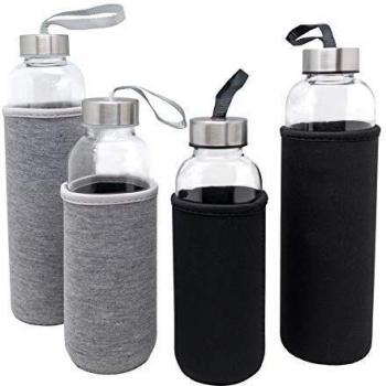 Botella de Cristal 600 ml con Funda de Neopreno Gris Metal