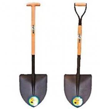 Pala en forma de punta con mango de madera y asa en forma de anilla.