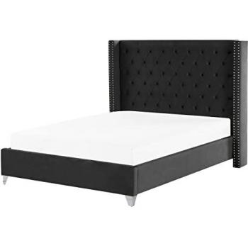 Cama King Size de Terciopelo Negro 160x200 cm con Cabecera Tapizada y Detalles de Tachuelas