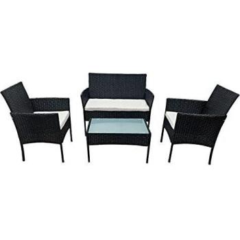Conjunto de jardín 4 plazas resina trenzada negra tela beige