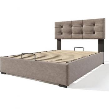 Cama tapizada doble 140x200 cm con 4 cajones, cabecero regulable y colchón, estructura de metal negro con escalera de seguridad y almacenamiento flexible