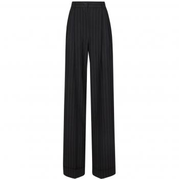 Dolce & Gabbana Women's Black Pinstriped Wide Trousers with Logo Plaque, Size 44 (FTBMPTFRBDKS8051)