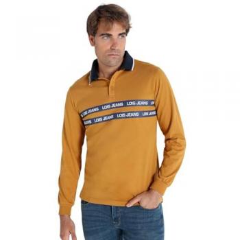 Polo de Manga Larga Cuello Jaquard 2 Franjas Mostaza para Hombre - Lois Jeans - Casual, Algodón, Clásico (3XL)