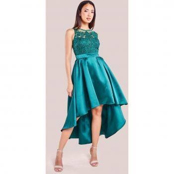 Goddiva Sequin & Satin Dipped Hem Midi Dress - Emerald