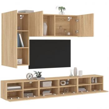 Mueble de TV de pared 5 piezas en madera de ingeniería color roble Sonoma marrón