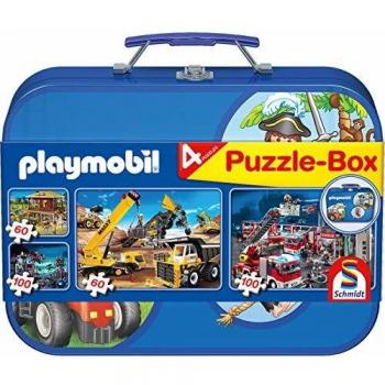 Puzzle-Box Playmobil 4 en 1: 2 Puzzles de 60 piezas y 2 Puzzles de 100 piezas en Maletín Metálico Schmidt Spiele 55599