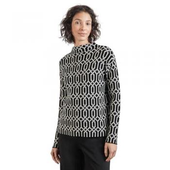 Graphic Patterned Knit Sweater with Stand-Up Collar for Women - Size 42, Black