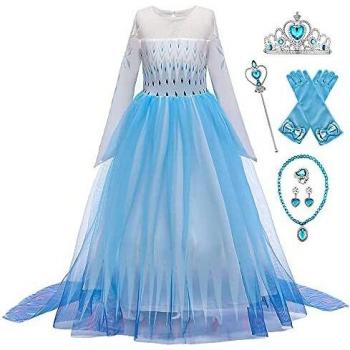 New Front - Disfraz de princesa Elsa para niña, vestido de princesa de Frozen, 2 mangas largas, disfraz y accesorios de Navidad, Halloween, cumpleaños, vestido de cosplay, corona, 6 unidades, 140 cm