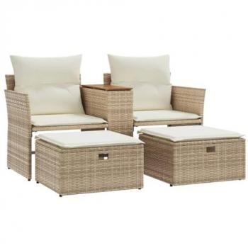 Sofá de jardín 2 plazas con toldo y taburetes de ratán PE beige