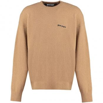 Palm Angels Men's Logo Crew-Neck Sweater in Camel | Size Small | PMHE054F23KNI0056210 Color CAMELBLACK