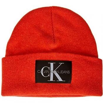 Calvin Klein Monologo Patch Non-Rib Beanie Gorro de Punto, Coral Orange, One Size para Hombre