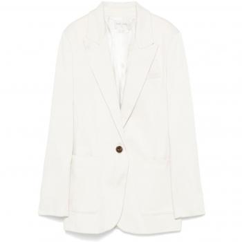 Forte Forte Women's Cotton Single-Breasted Blazer Jacket in Ivory, Size 2, Beige, White Cotton Blend Jacket with Peak Lapels
