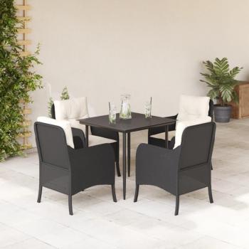 5-Piece Black Poly Rattan Garden Dining Set with Cushions