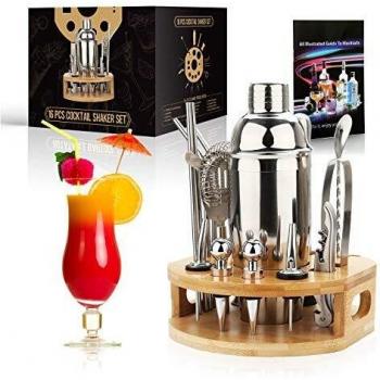 exreizst Juego de coctelera de 25 oz, 16 Piezas, Kit de Barman de mixología con Soporte de bambú, Kit Profesional de Barman, Juego de Herramientas de Barra para el hogar para Beber