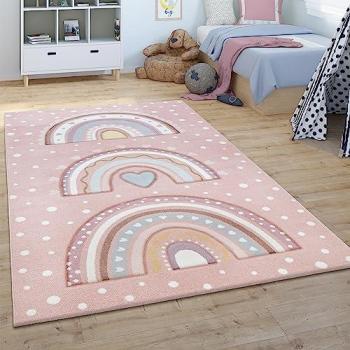 Alfombra Infantil Puntos Arco Motivo Corazón Pelo Corto Gris 140x200 cm Ø 120 cm Redonda Rosa Crema Niños Niñas Chicos Chicas