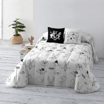 Colcha Bouti Looney Tunes B&W, 250x270 cm, tejido de algodón orgánico y peinado, suave, apta para todas las estaciones, para cama de 150