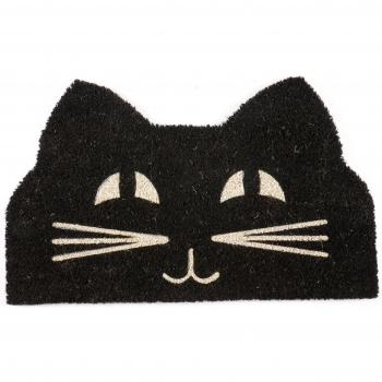 Entryways Felpudo de Fibra de Coco con Reverso de PVC Antideslizante y Cara de Gato, Negro/Blanco