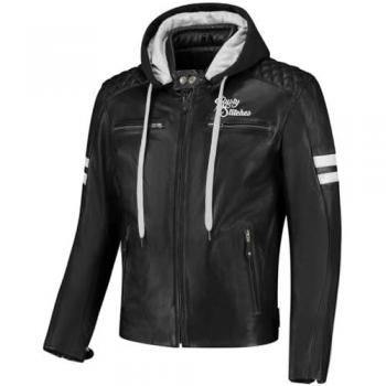 Chaqueta de Moto Rusty Stitches Jari Hooded V2 Negro-Blanco para Hombre, cuero, disponible en tallas hasta XXXXXXL