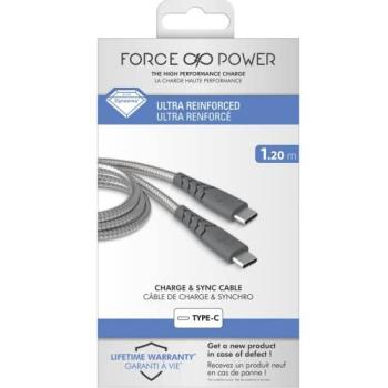 Cable USB Tipo C Ultra Reforzado 1,2m 3A Garantía de por vida Gris Force Power