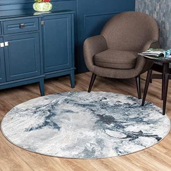 Alfombra Redonda Abstracta Moderna de Diseño Mármol Azul y Gris Ø 160 cm - Surya, Pelo Corto, 10 mm de Altura