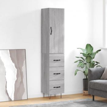 Aparador alto de madera contrachapada gris Sonoma 34,5x34x180 cm con 3 cajones, mueble de almacenaje para salón, buffet y armario auxiliar