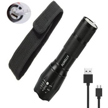 Aukelly Linterna LED Recargable Linternas,USB Linterna Militar,3 Modos,Zoomable,Linternas LED Alta Potencia Military Linterna Recargable,Perfecta para Ciclismo,Camping,Montañismo,con 18650 Batería
