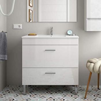 Conjunto Mueble baño 80 cm con Lavabo 100% montado de fábrica | Modelo Almagro color Blanco lacado Brillo a suelo 1 cajón 1 puerta abatible con Lavabo Porcelana blanca