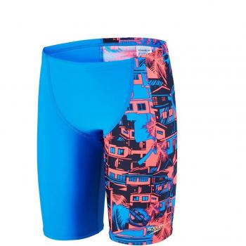 Speedo Favelamix Allover V Cut Panel - Bañador de Tipo natación para niño, Panel con Corte en V, Estampado a lo Largo, Niños, Color Neon Blue/Psycho Red, tamaño 28